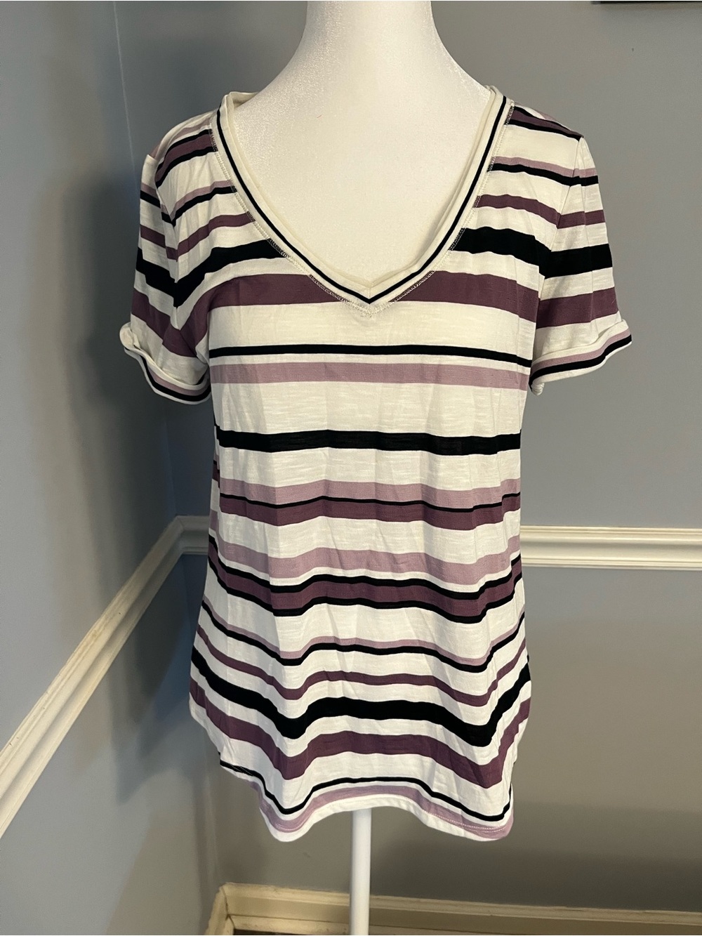 Striped V-Neck Short Sleeve Top black white and lavender